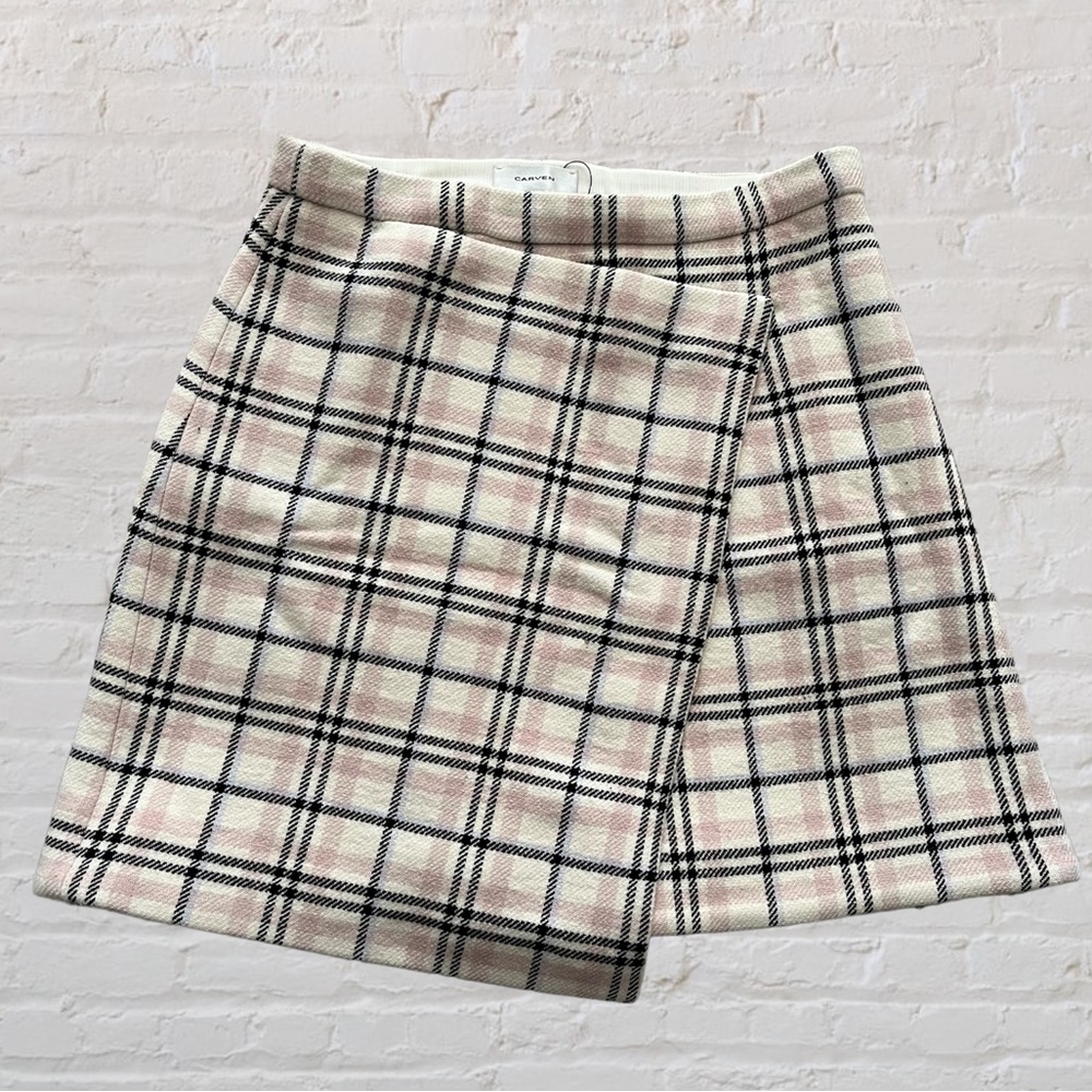 Carven wool blend plaid faux wrap skirt